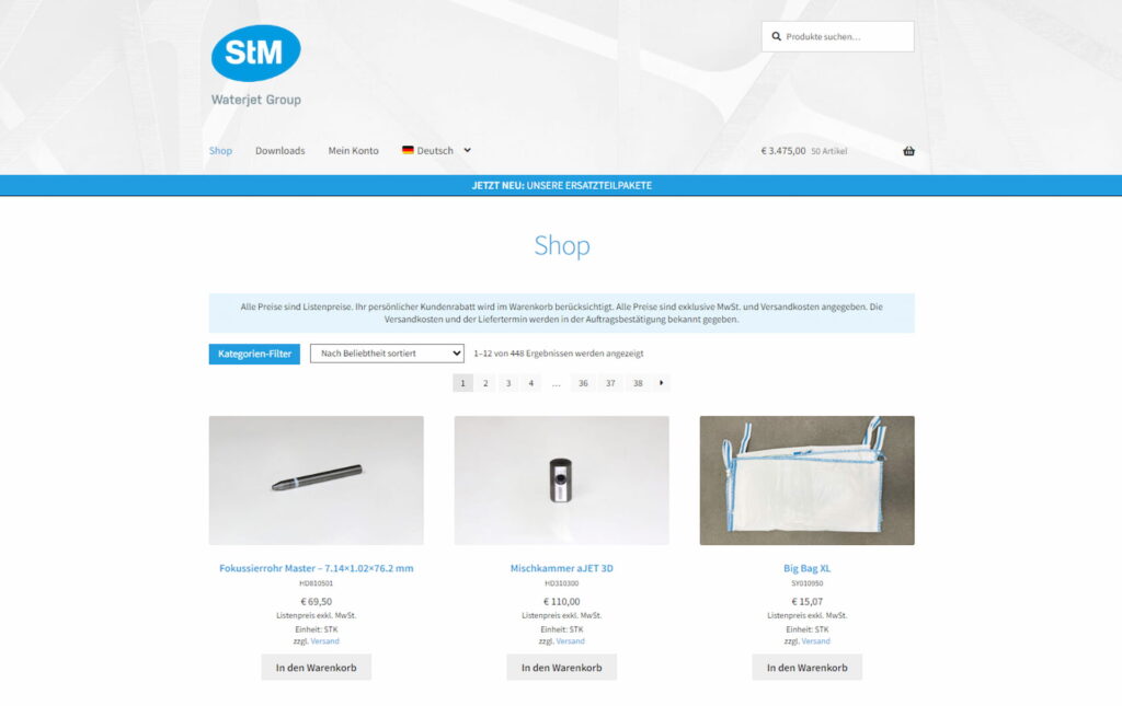 Screenshot vom STM Webshop ein Teil des STM Waterjet Service